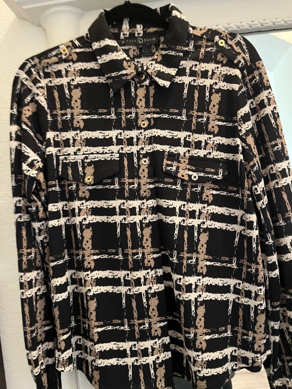 Fred David Black and Beige Graphic Plaid Button Shirt